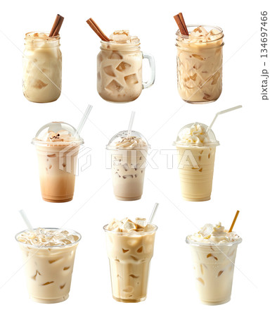 Refreshing summer drink horchata almond milk, iced coffee with milk and ice cubes isolated on white transparent 134697466