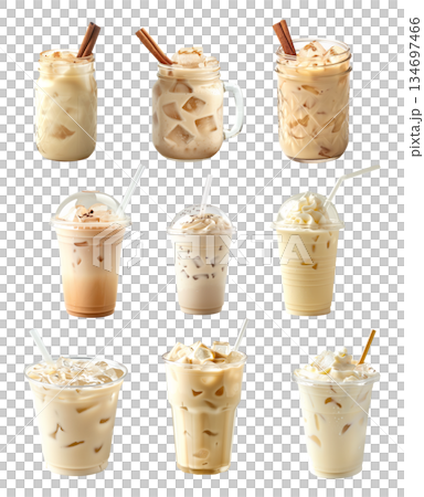 Refreshing summer drink horchata almond milk, iced coffee with milk and ice cubes isolated on white transparent 134697466