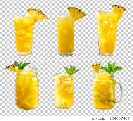 Fresh pineapple juice and ice cubes in a tall glass isolated on white transparent background. Fresh pineapple juice and ice cubes in a tall glass isolated on white transparent background. 134697467