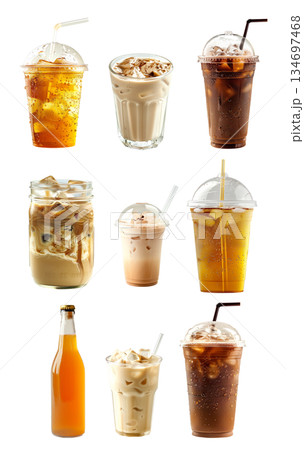 Chilled kombucha amber served in bottle and Vanilla cream soda cocktail drink isolated on white transparent background Chilled kombucha amber served in bottle and Vanilla cream soda cocktail drink isolated on white transparent background 134697468