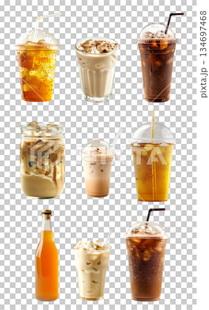 Chilled kombucha amber served in bottle and Vanilla cream soda cocktail drink isolated on white transparent background Chilled kombucha amber served in bottle and Vanilla cream soda cocktail drink isolated on white transparent background 134697468