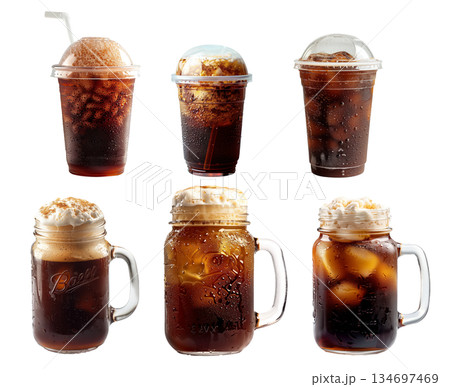 A frosty glass is filled to the brim with bubbly, dark caramel soda or root beer isolated on white 134697469