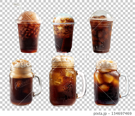 A frosty glass is filled to the brim with bubbly, dark caramel soda or root beer isolated on white 134697469