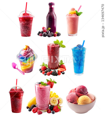 A colorful slushie summer drink, Strawberry smoothie garnished with mint leaves isolated on white 134697470