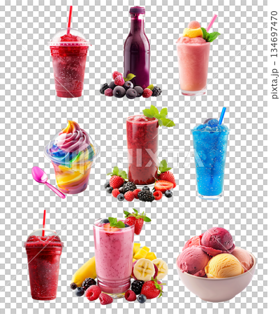A colorful slushie summer drink, Strawberry smoothie garnished with mint leaves isolated on white 134697470