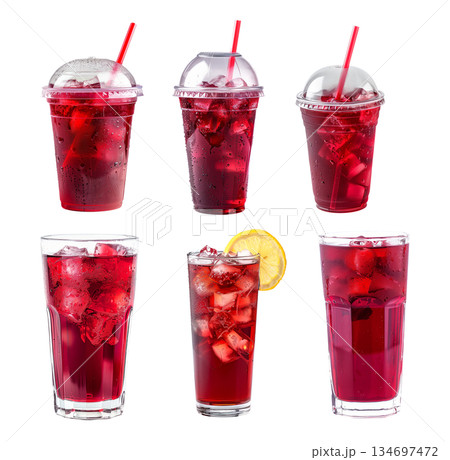 Refreshing red beverage or hibiscus ice tea served in a mason jar isolated on white transparent background Refreshing red beverage or hibiscus ice tea served in a mason jar isolated on white transparent background 134697472