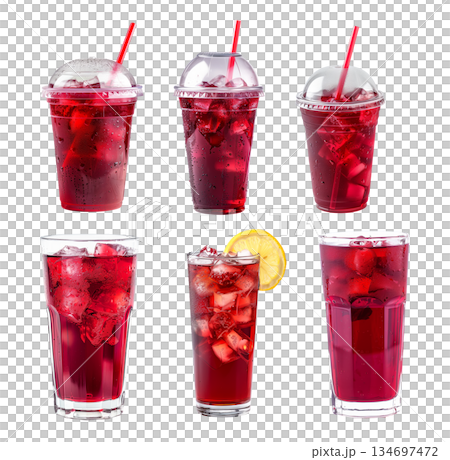 Refreshing red beverage or hibiscus ice tea served in a mason jar isolated on white transparent background 134697472