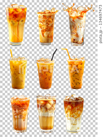 Refreshing milkshake or Thai iced tea in glass with straw isolated on white transparent background Refreshing milkshake or Thai iced tea in glass with straw isolated on white transparent background 134697473