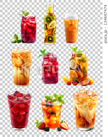 Hibiscus ice tea, Thai iced tea and fruit tea blend of berries, citrus slices and mint leaves isolated on white Hibiscus ice tea, Thai iced tea and fruit tea blend of berries, citrus slices and mint leaves isolated on white 134697474