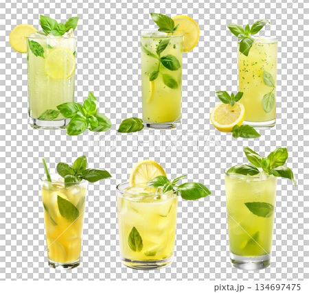 Cocktail or lemonade with lemon isolated on white transparent background 134697475