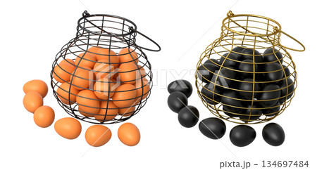 Wire baskets filled with eggs, isolated on white transparent background, concept of kitchen storage 134697484
