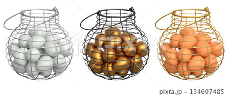 Wire baskets filled with eggs, isolated on white transparent background, concept of kitchen storage 134697485