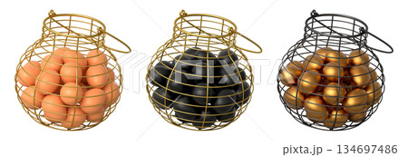 Wire baskets filled with eggs, isolated on white transparent background, concept of kitchen storage 134697486