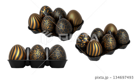 Plastic trays filled with neatly stacked black eggs, isolated on white transparent background. Plastic trays filled with neatly stacked black eggs, isolated on white transparent background. 134697493