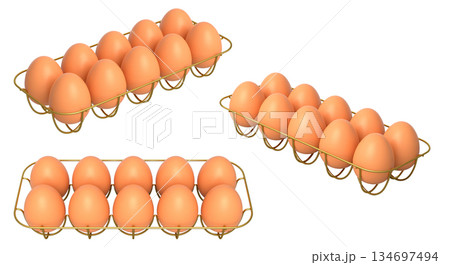 Metal trays filled with neatly stacked brown eggs, isolated on white transparent background. 134697494
