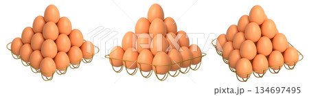 Metal trays filled with neatly stacked brown eggs, isolated on white transparent background. 134697495