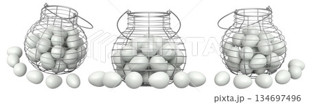 Wire baskets filled with eggs, isolated on white transparent background, concept of kitchen storage 134697496