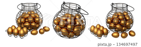 Wire baskets filled with eggs, isolated on white transparent background, concept of kitchen storage 134697497