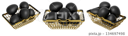 Wire baskets filled with eggs, isolated on white transparent background, concept of kitchen storage 134697498