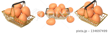 Wire baskets filled with eggs, isolated on white transparent background, concept of kitchen storage Wire baskets filled with eggs, isolated on white transparent background, concept of kitchen storage 134697499
