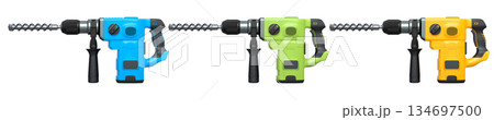 Set of electric rotary hammers with side handles and drill bits, isolated on white transparent background, concept of power tools 134697500