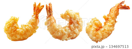 Deep fried shrimps tempura in golden batter, isolated on white background, concept of Japanese cuisine delicacy 134697513