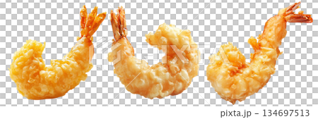 Deep fried shrimps tempura in golden batter, isolated on white background, concept of Japanese cuisine delicacy 134697513