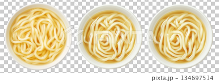 Japanese udon noodles served in light broth, top view and isolated on white background, representing Japanese cuisine Japanese udon noodles served in light broth, top view and isolated on white background, representing Japanese cuisine 134697514