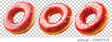 Delicious red glazed donut with chocolate drizzle and sprinkles, isolated on white transparent background Delicious red glazed donut with chocolate drizzle and sprinkles, isolated on white transparent background 134697519