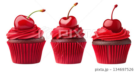 Chocolate cupcake with red frosting and cherry on top, isolated on white background, concept of dessert and sweets Chocolate cupcake with red frosting and cherry on top, isolated on white background, concept of dessert and sweets 134697526
