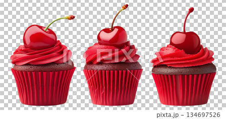 Chocolate cupcake with red frosting and cherry on top, isolated on white background, concept of dessert and sweets 134697526