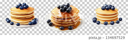 Fluffy pancake stack topped with fresh blueberries, isolated on white background. Concept of breakfast or brunch meal Fluffy pancake stack topped with fresh blueberries, isolated on white background. Concept of breakfast or brunch meal 134697529