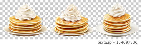 Fluffy pancake stack topped with whipped cream, isolated on white transparent background. Concept of tasty breakfast 134697530