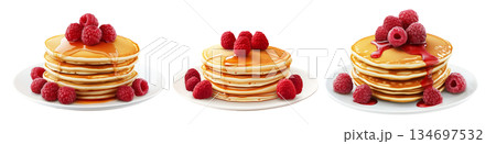 Stack of golden pancakes topped with raspberries and syrup, isolated on white background, concept of breakfast sweetness 134697532