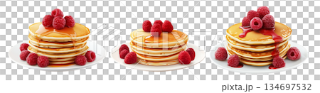 Stack of golden pancakes topped with raspberries and syrup, isolated on white background, concept of breakfast sweetness 134697532