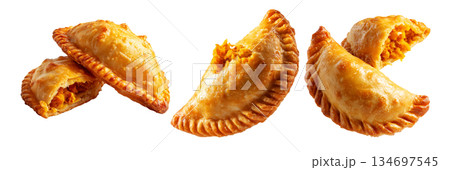 Set of Fijian curry puffs or fried empanadas with spicy potato isolated on white background, Fiji takeaway and street foods Set of Fijian curry puffs or fried empanadas with spicy potato isolated on white background, Fiji takeaway and street foods 134697545
