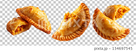Set of Fijian curry puffs or fried empanadas with spicy potato isolated on white background, Fiji takeaway and street foods Set of Fijian curry puffs or fried empanadas with spicy potato isolated on white background, Fiji takeaway and street foods 134697545
