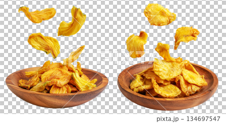 Set of Fiji takeaway and street foods fried breadfruit chips rustic alternative to potato chips on white transparent background 134697547