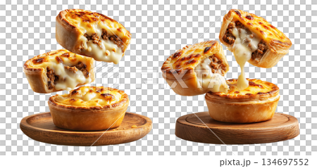 Set of mince and cheese pie with golden brown crust, mashed potato and cheese topping on white background, New Zealand fast food 134697552