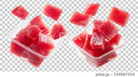 Set of raw tuna cubes Micronesian sashimi isolated on white transparent background, representing seafood freshness 134697554