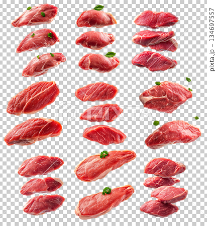 Set of pieces of fresh Chicken breast cut, isolated on white background, showcasing culinary concept Set of pieces of fresh Chicken breast cut, isolated on white background, showcasing culinary concept 134697557