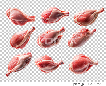 Set of fresh Duck thigh cut, isolated on white background, showcasing culinary concept Set of fresh Duck thigh cut, isolated on white background, showcasing culinary concept 134697559