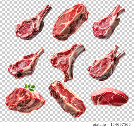 Set of fresh Lamb chop cut, isolated on white background, showcasing culinary concept 134697560