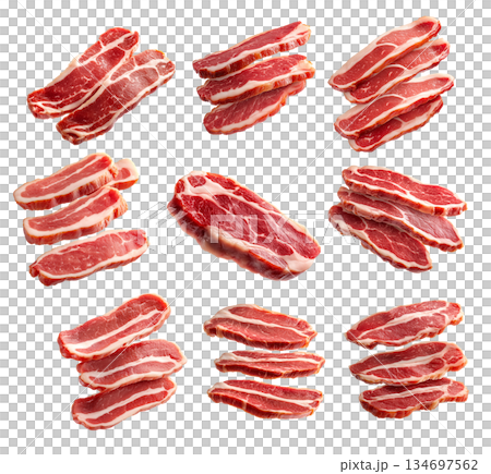 Set of of fresh pork slices displayed isolated on white background, showcasing texture and quality 134697562