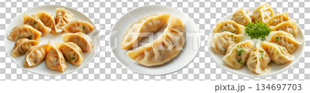 Steamed mandu dumplings placed in circular pattern on ceramic plate, isolated on white transparent background 134697703