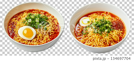 Delicious Korean ramen with boiled eggs, grilled pork, onions, and seaweed in black bowl isolated on white background 134697704