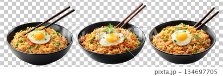 Spicy fried rice Nasi Goreng garnished with fresh green onions and topped with fried egg in bowl, isolated on white 134697705