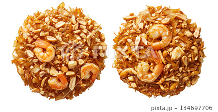 Stir-fried shrimp Pad Thai with crushed peanuts and rice noodles, isolated on white background, concept of Thai cuisine 134697706