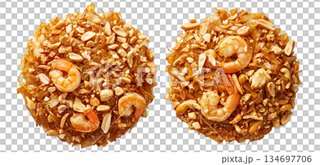 Stir-fried shrimp Pad Thai with crushed peanuts and rice noodles, isolated on white background, concept of Thai cuisine Stir-fried shrimp Pad Thai with crushed peanuts and rice noodles, isolated on white background, concept of Thai cuisine 134697706