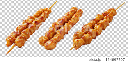 Grilled chicken Satay skewer with a golden brown glaze, isolated on white background, concept of tasty street food 134697707